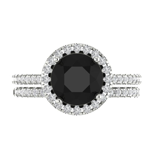 2.52 cttw Round Cut Natural Onyx Bridal Set - Solid White Gold Engagement Ring & Wedding Band