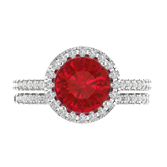 2.52 cttw Round Cut Simulated Ruby Bridal Set - Solid White Gold Engagement Ring & Wedding Band