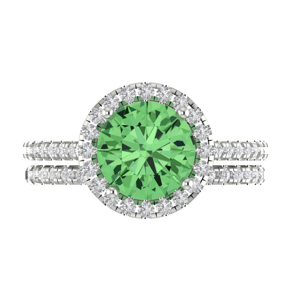 2.52 cttw Round Cut Simulated Green Diamond Bridal Set - Solid White Gold Engagement Ring & Wedding Band