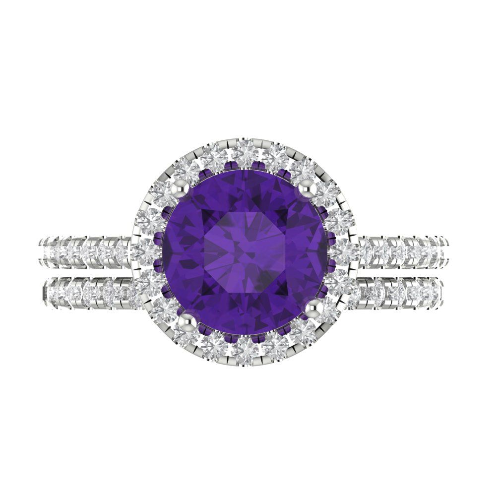 2.52 cttw Round Cut Natural Amethyst Bridal Set - Solid White Gold Engagement Ring & Wedding Band