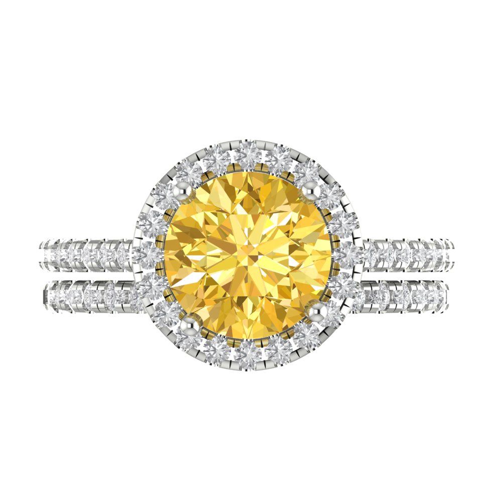 2.52 cttw Round Cut Simulated Yellow Diamond Bridal Set - Solid White Gold Engagement Ring & Wedding Band