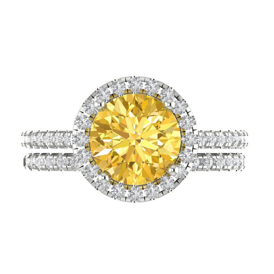 2.52 cttw Round Cut Simulated Yellow Diamond Bridal Set - Solid White Gold Engagement Ring & Wedding Band