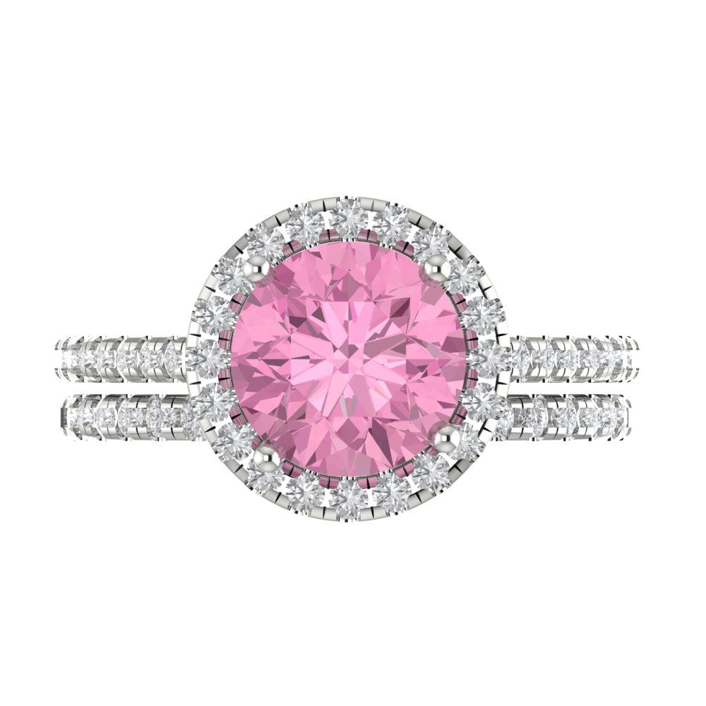 2.52 cttw Round Cut Simulated Pink Diamond Bridal Set - Solid White Gold Engagement Ring & Wedding Band