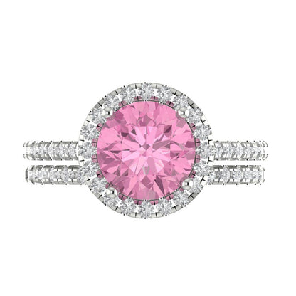 2.52 cttw Round Cut Simulated Pink Diamond Bridal Set - Solid White Gold Engagement Ring & Wedding Band