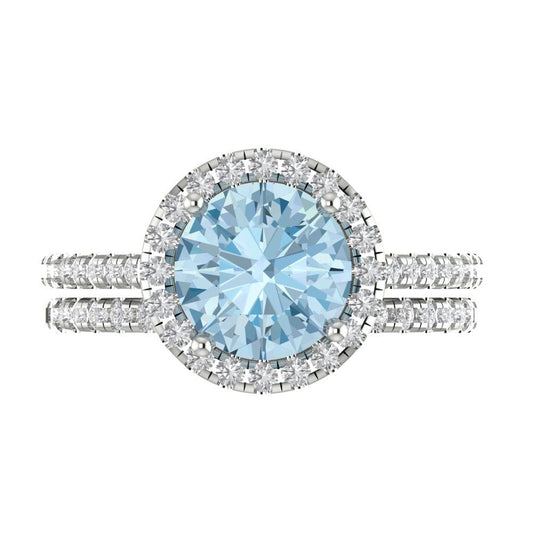 2.52 cttw Round Cut Natural Swiss Blue Topaz Bridal Set - Solid White Gold Engagement Ring & Wedding Band