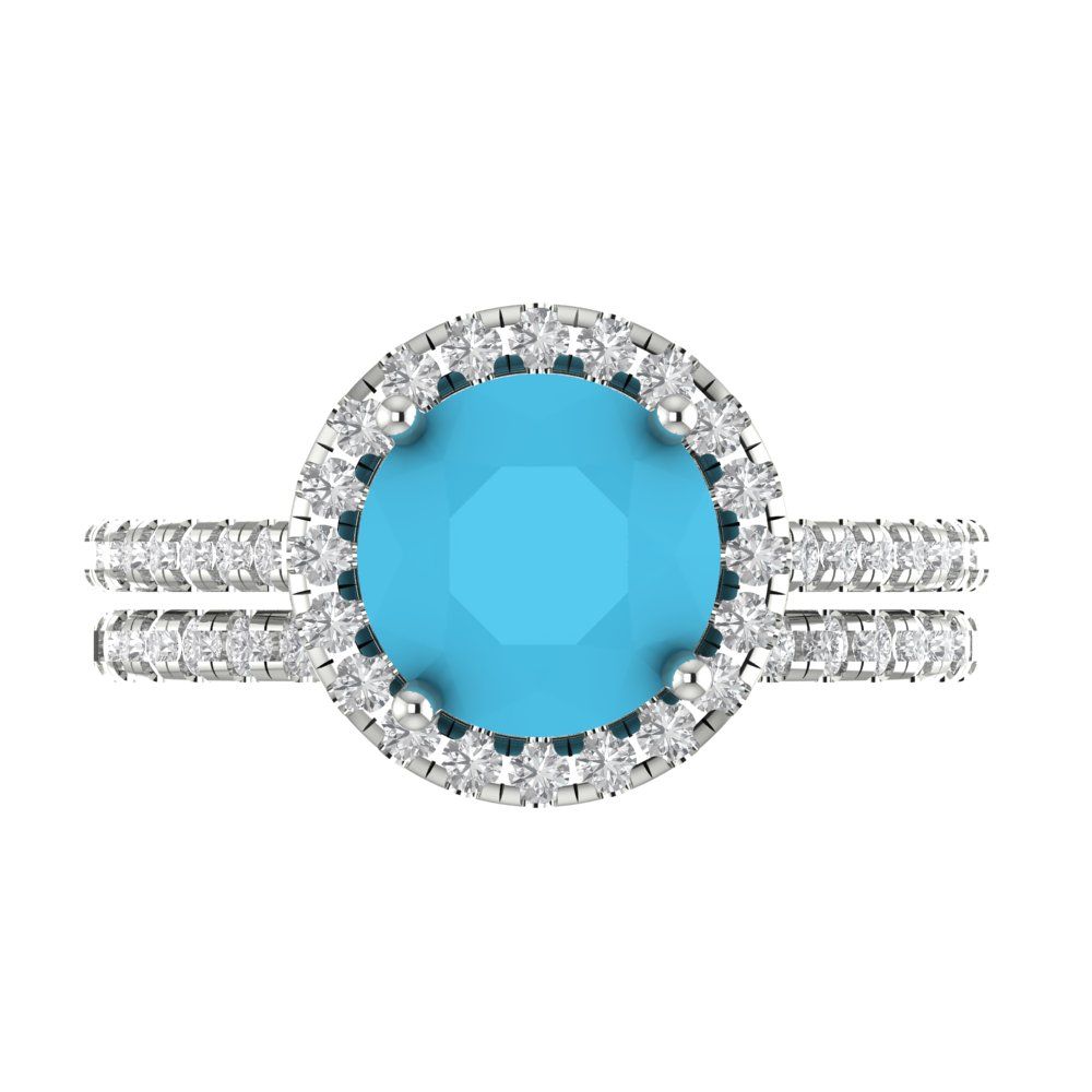 2.52 cttw Round Cut Simulated Turquoise Bridal Set - Solid White Gold Engagement Ring & Wedding Band