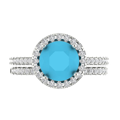 2.52 cttw Round Cut Simulated Turquoise Bridal Set - Solid White Gold Engagement Ring & Wedding Band