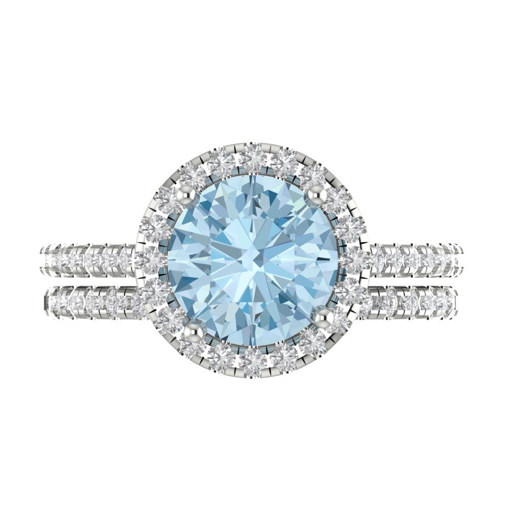 2.52 cttw Round Cut Natural Sky Blue Topaz Bridal Set - Solid White Gold Engagement Ring & Wedding Band