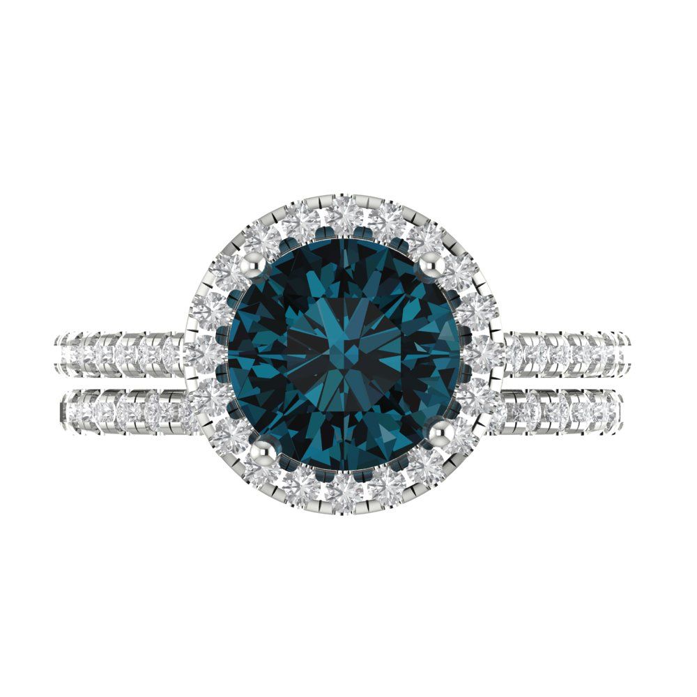 2.52 cttw Round Cut Natural London Blue Topaz Bridal Set - Solid White Gold Engagement Ring & Wedding Band
