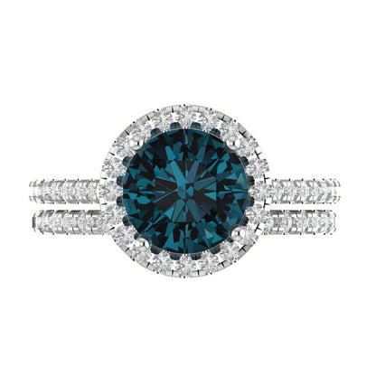 2.52 cttw Round Cut Natural London Blue Topaz Bridal Set - Solid White Gold Engagement Ring & Wedding Band
