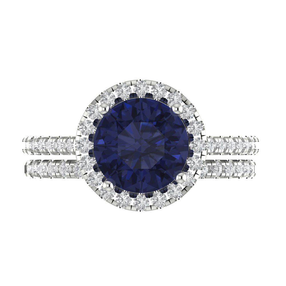 2.52 cttw Round Cut Simulated Blue Sapphire Bridal Set - Solid White Gold Engagement Ring & Wedding Band