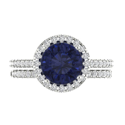 2.52 cttw Round Cut Simulated Blue Sapphire Bridal Set - Solid White Gold Engagement Ring & Wedding Band