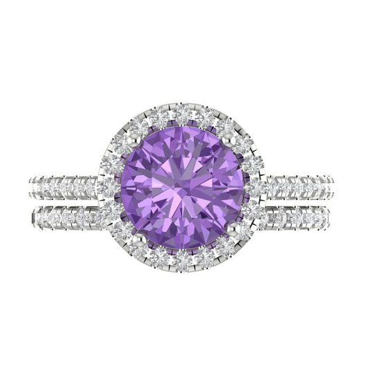 2.52 cttw Round Cut Simulated Alexandrite Bridal Set - Solid White Gold Engagement Ring & Wedding Band