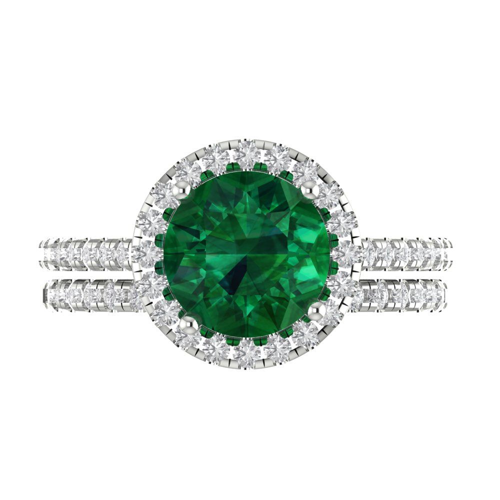 2.52 cttw Round Cut Simulated Emerald Bridal Set - Solid White Gold Engagement Ring & Wedding Band