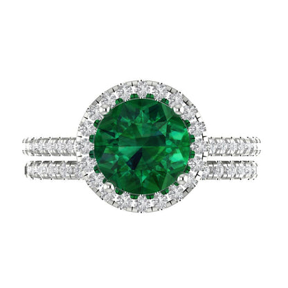 2.52 cttw Round Cut Simulated Emerald Bridal Set - Solid White Gold Engagement Ring & Wedding Band