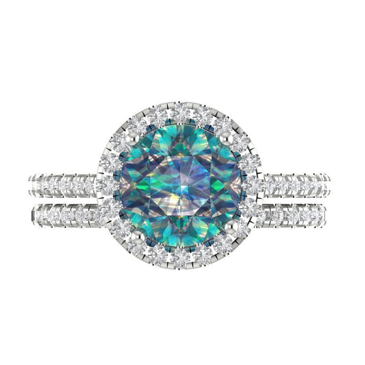 2.52 cttw Round Cut Blue Moissanite Bridal Set - Solid White Gold Engagement Ring & Wedding Band