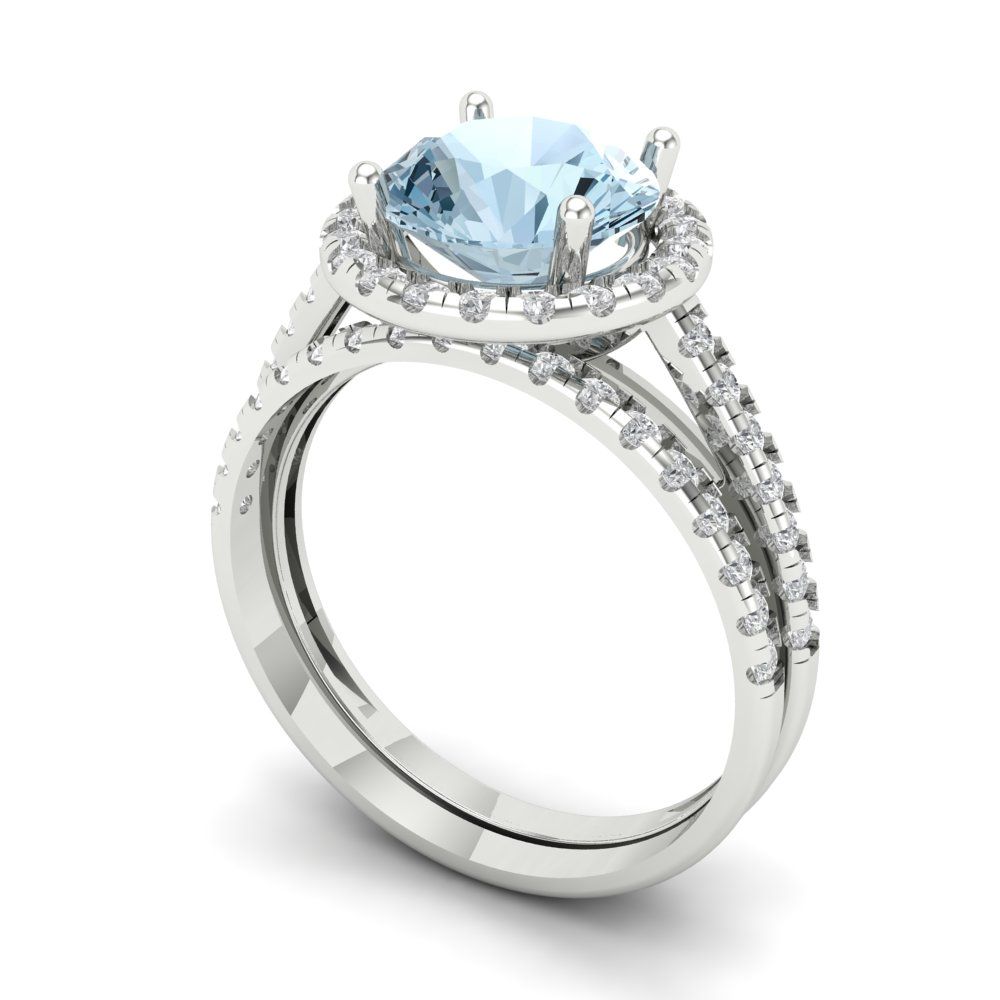 2.52 cttw Round Cut Natural Aquamarine Bridal Set - Solid White Gold Engagement Ring & Wedding Band