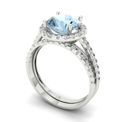 2.52 cttw Round Cut Natural Aquamarine Bridal Set - Solid White Gold Engagement Ring & Wedding Band
