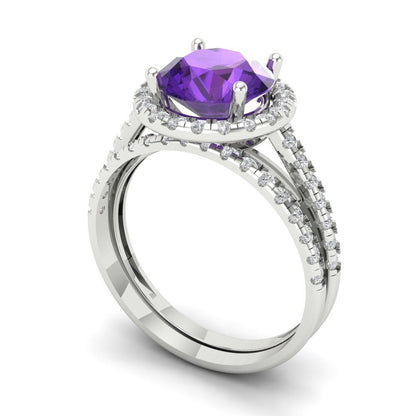 2.52 cttw Round Cut Natural Amethyst Bridal Set - Solid White Gold Engagement Ring & Wedding Band
