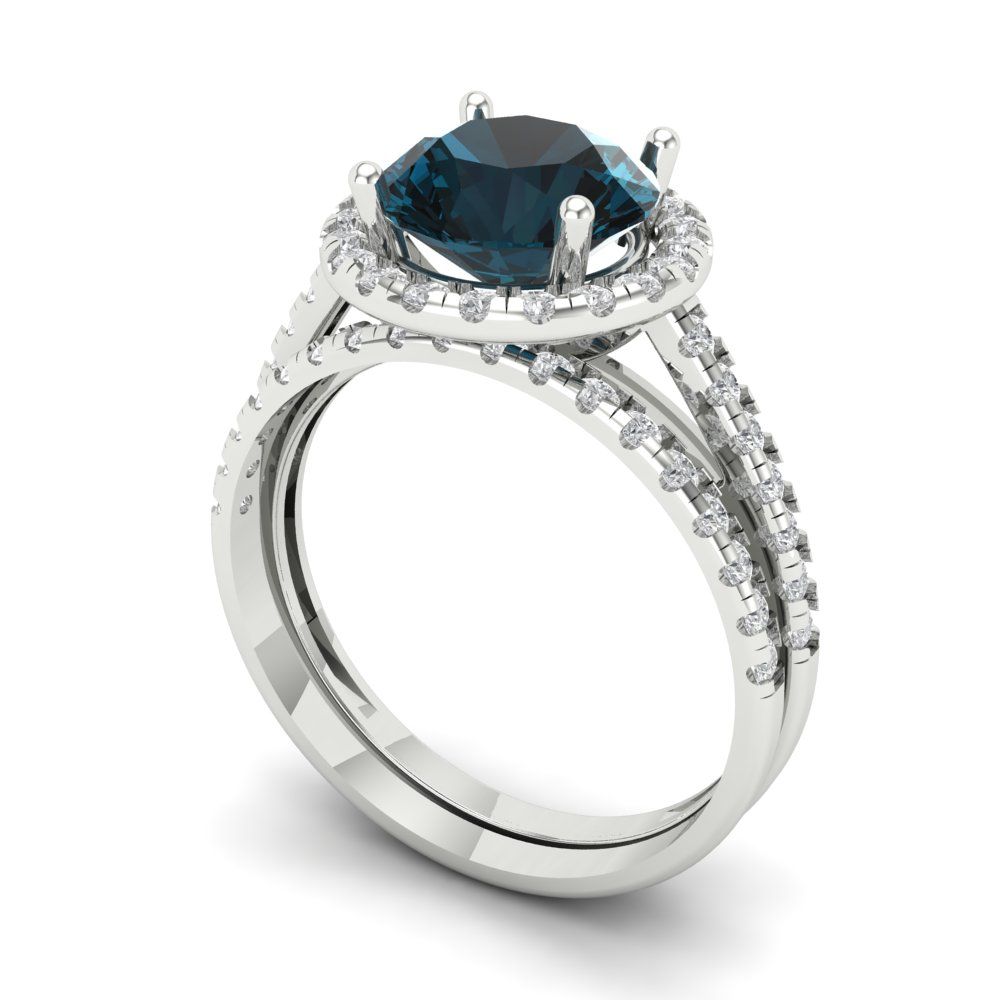 2.52 cttw Round Cut Natural London Blue Topaz Bridal Set - Solid White Gold Engagement Ring & Wedding Band