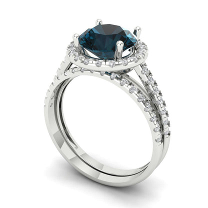 2.52 cttw Round Cut Natural London Blue Topaz Bridal Set - Solid White Gold Engagement Ring & Wedding Band