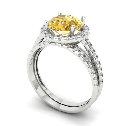 2.52 cttw Round Cut Natural Citrine Bridal Set - Solid White Gold Engagement Ring & Wedding Band
