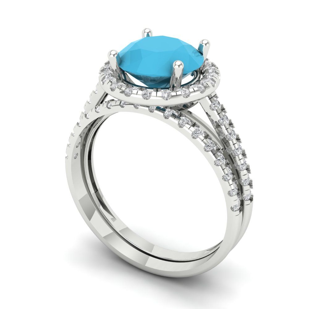 2.52 cttw Round Cut Simulated Turquoise Bridal Set - Solid White Gold Engagement Ring & Wedding Band