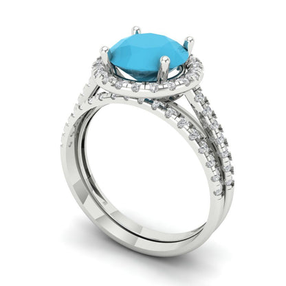 2.52 cttw Round Cut Simulated Turquoise Bridal Set - Solid White Gold Engagement Ring & Wedding Band