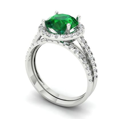 2.52 cttw Round Cut Simulated Emerald Bridal Set - Solid White Gold Engagement Ring & Wedding Band
