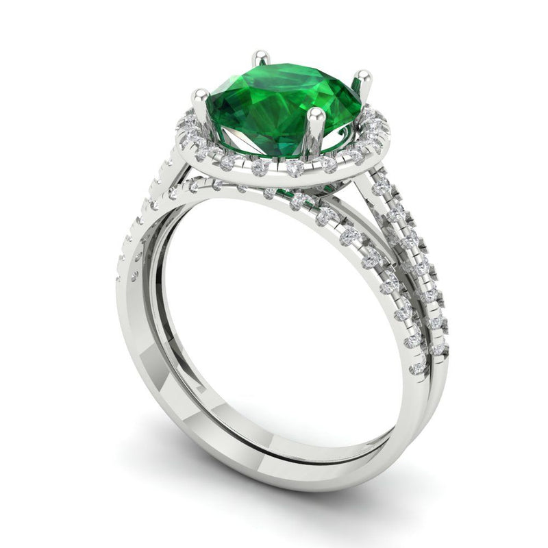 2.56 ct Brilliant Round Cut Simulated Emerald Stone White Gold Halo Solitaire with Accents Bridal Set