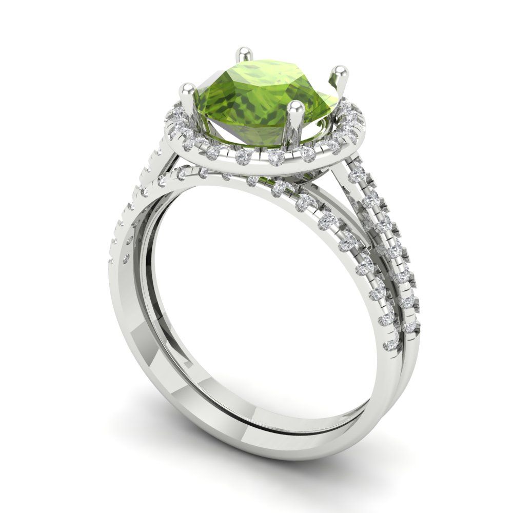 2.52 cttw Round Cut Natural Peridot Bridal Set - Solid White Gold Engagement Ring & Wedding Band