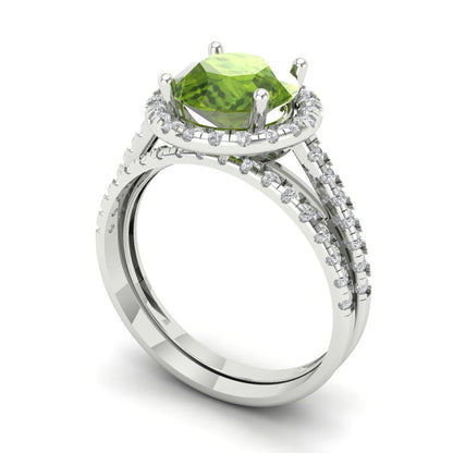 2.52 cttw Round Cut Natural Peridot Bridal Set - Solid White Gold Engagement Ring & Wedding Band