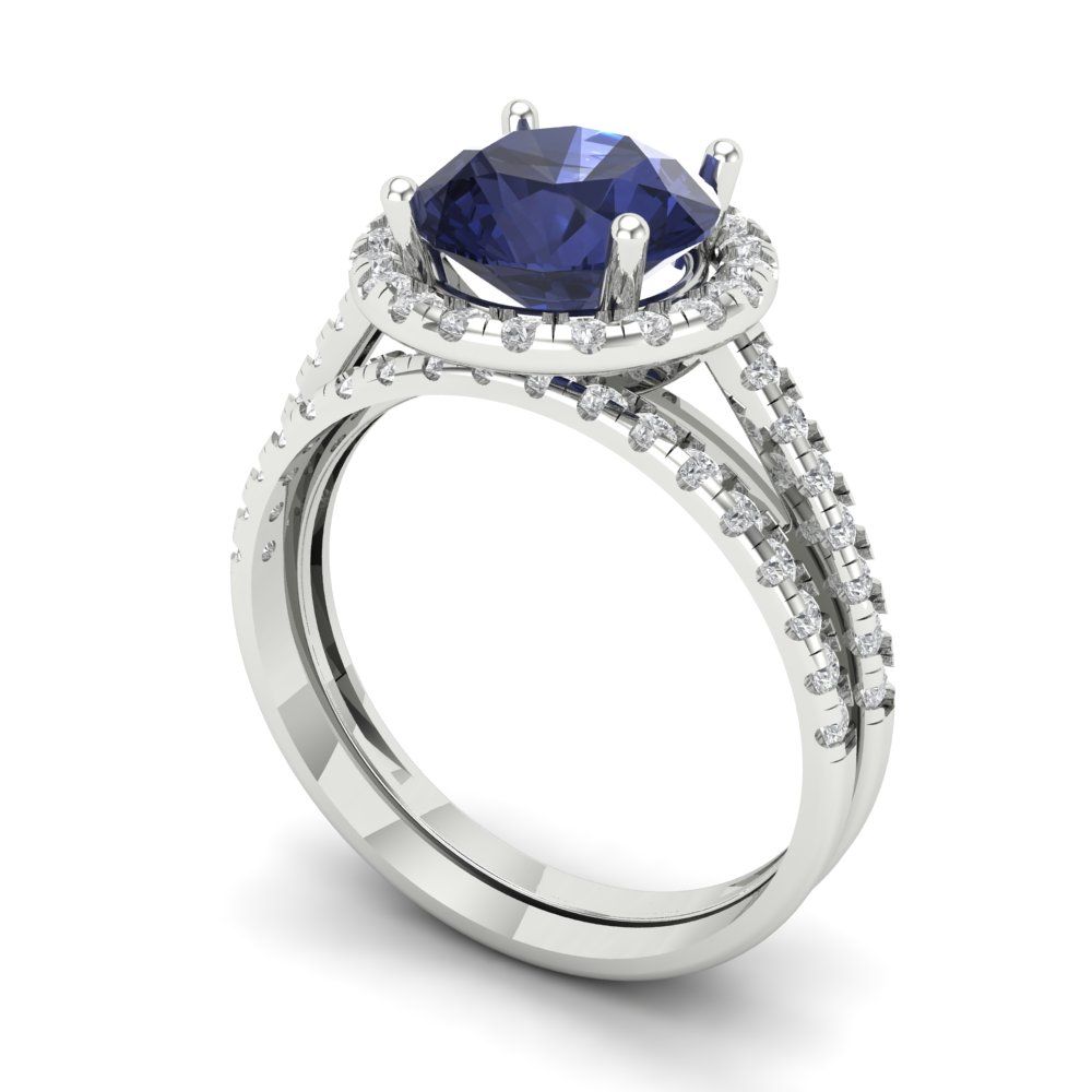 2.52 cttw Round Cut Simulated Blue Sapphire Bridal Set - Solid White Gold Engagement Ring & Wedding Band