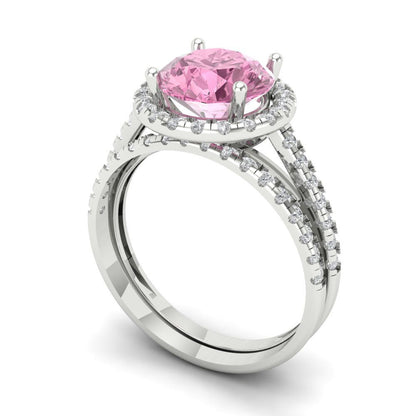 2.52 cttw Round Cut Simulated Pink Diamond Bridal Set - Solid White Gold Engagement Ring & Wedding Band