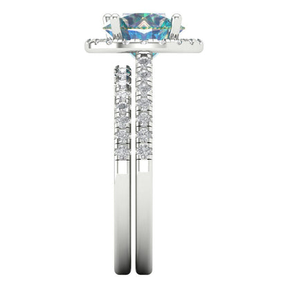 2.52 cttw Round Cut Blue Moissanite Bridal Set - Solid White Gold Engagement Ring & Wedding Band
