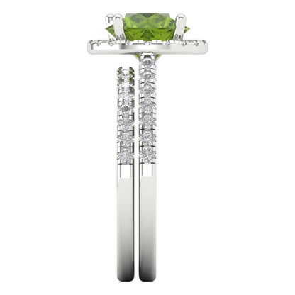 2.52 cttw Round Cut Natural Peridot Bridal Set - Solid White Gold Engagement Ring & Wedding Band