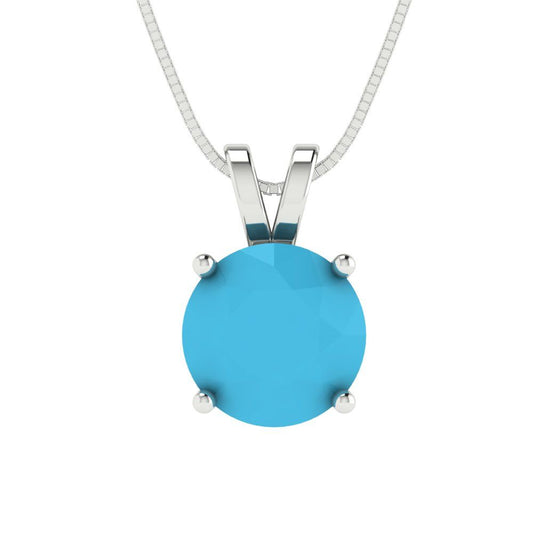 2.5 tcw Necklace Pendant - 14K White Gold Round Cut Solitaire  Turquoise - Adjustable Length - 15in Box Chain to 18in
