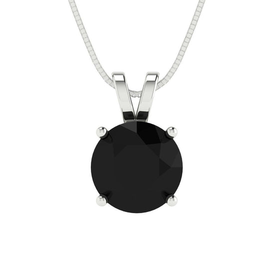 2.5 tcw Necklace Pendant - 14K White Gold Round Cut Solitaire  Onyx - Adjustable Length - 15in Box Chain to 18in
