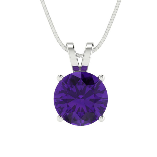 2.5 tcw Necklace Pendant - 14K White Gold Round Cut Solitaire  Amethyst - Adjustable Length - 15in Box Chain to 18in
