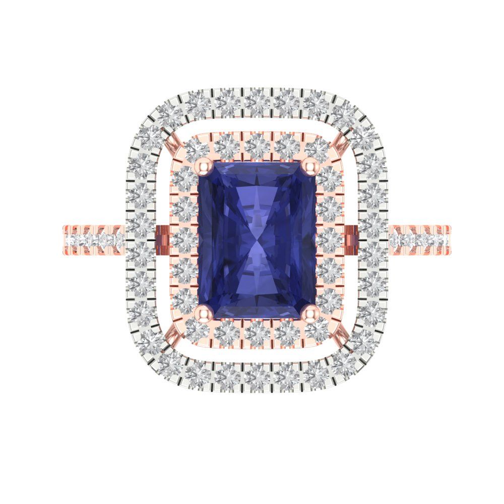 2.62 cttw Simulated Tanzanite Hidden Halo Engagement Ring - Solid Rose/White Gold (VVS1, Emerald Cut,8X6.0mm)