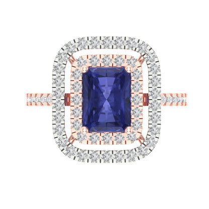 2.62 cttw Simulated Tanzanite Hidden Halo Engagement Ring - Solid Rose/White Gold (VVS1, Emerald Cut,8X6.0mm)