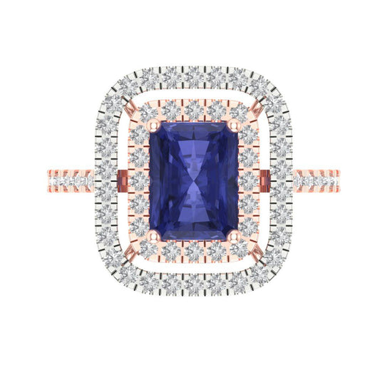 2.62 cttw Simulated Tanzanite Hidden Halo Engagement Ring - Solid Rose/White Gold (VVS1, Emerald Cut,8X6.0mm)