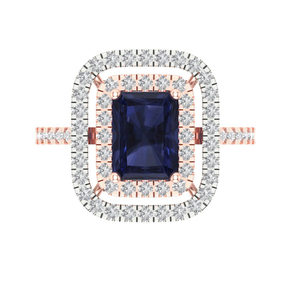 2.62 cttw Simulated Blue Sapphire Hidden Halo Engagement Ring - Solid Rose/White Gold (VVS1, Emerald Cut,8X6.0mm)