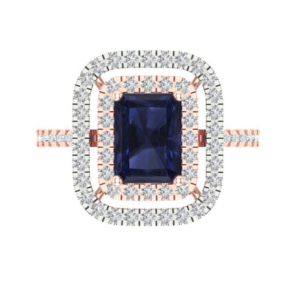 2.62 cttw Simulated Blue Sapphire Hidden Halo Engagement Ring - Solid Rose/White Gold (VVS1, Emerald Cut,8X6.0mm)