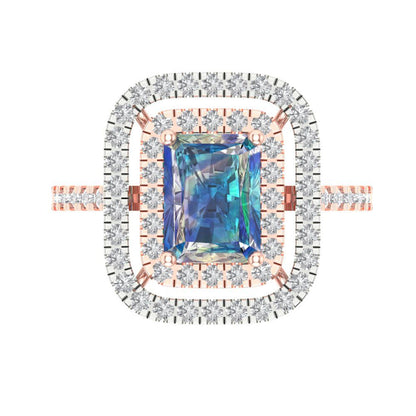 2.62 cttw Blue Moissanite Hidden Halo Engagement Ring - Solid Rose/White Gold (VVS1, Emerald Cut,8X6.0mm)