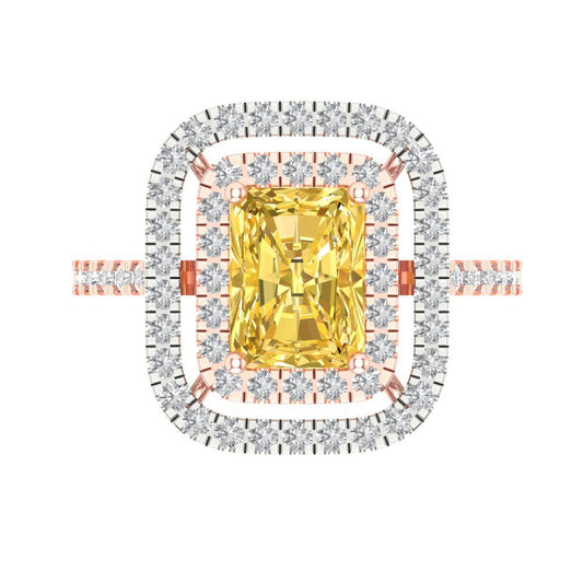2.62 cttw Zirconia Simulated Yellow Diamond Hidden Halo Engagement Ring - Solid Rose/White Gold (VVS1, Emerald Cut,8X6.0mm)