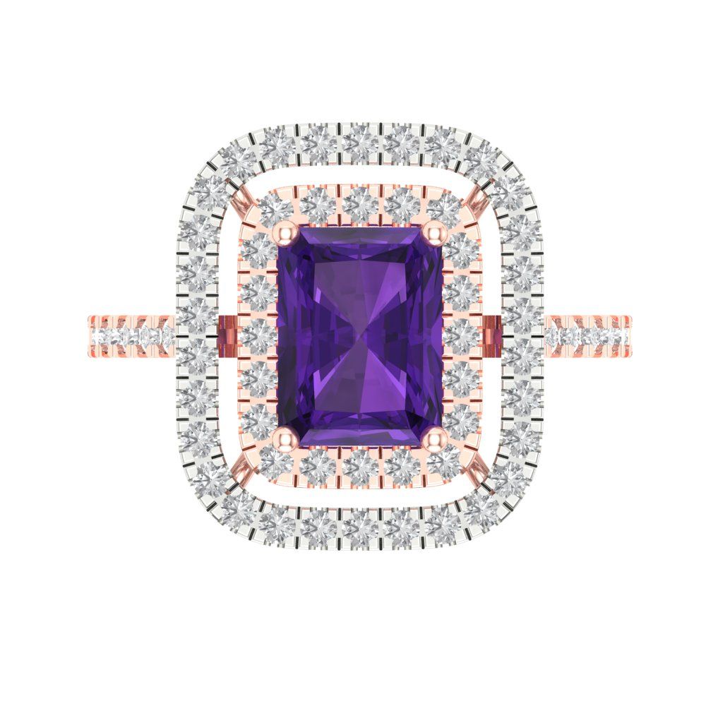 2.62 cttw Natural Amethyst Hidden Halo Engagement Ring - Solid Rose/White Gold (VVS1, Emerald Cut,8X6.0mm)