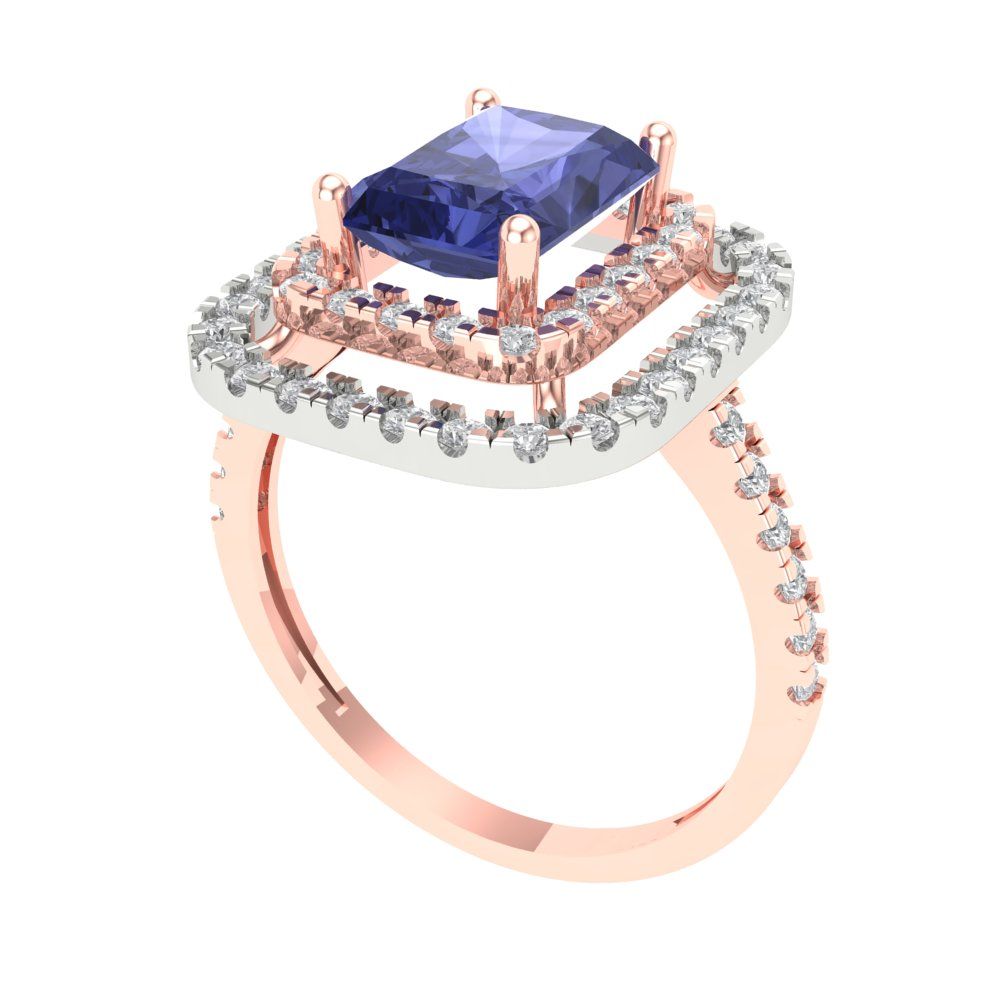 2.62 cttw Simulated Tanzanite Hidden Halo Engagement Ring - Solid Rose/White Gold (VVS1, Emerald Cut,8X6.0mm)