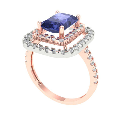 2.62 cttw Simulated Tanzanite Hidden Halo Engagement Ring - Solid Rose/White Gold (VVS1, Emerald Cut,8X6.0mm)