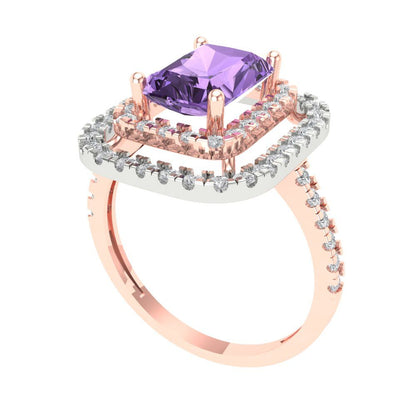 2.62 cttw Simulated Alexandrite Hidden Halo Engagement Ring - Solid Rose/White Gold (VVS1, Emerald Cut,8X6.0mm)